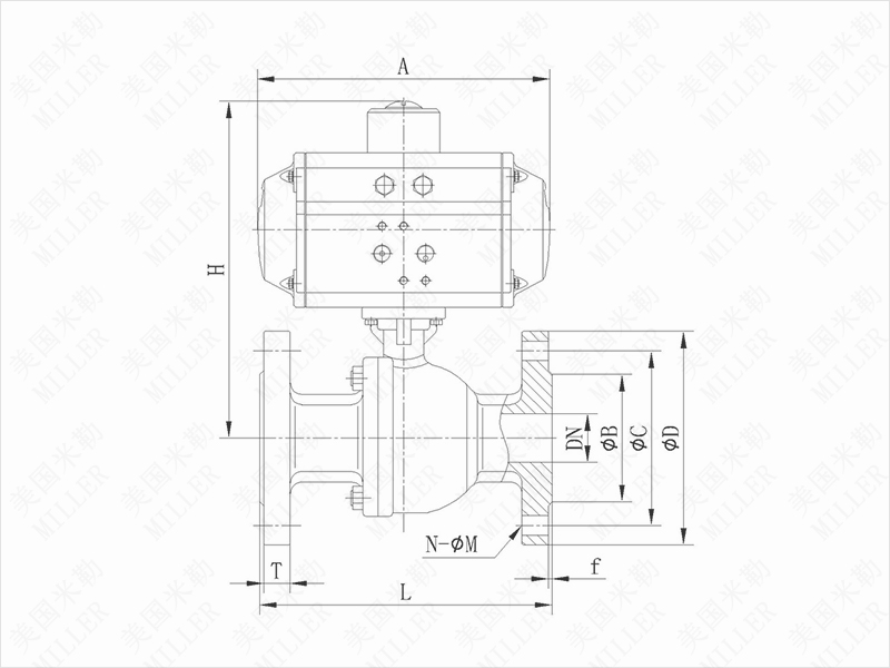 KB50F进口气动法兰球阀外形尺寸